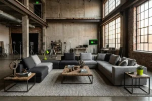 Set de rodaje ambientado con mobiliario vintage en un loft industrial