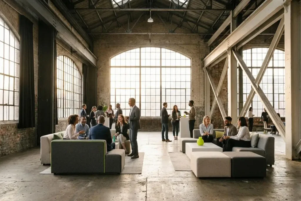 Invitados socializando en un evento de networking en un espacio industrial