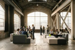 Invitados socializando en un evento de networking en un espacio industrial