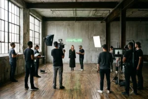 Equipo creativo desarrollando un guion de marca en una sala de producción