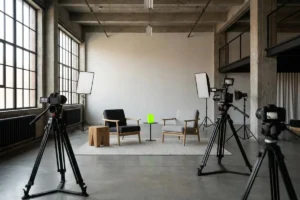Equipo de producción grabando contenido de marca en un espacio industrial