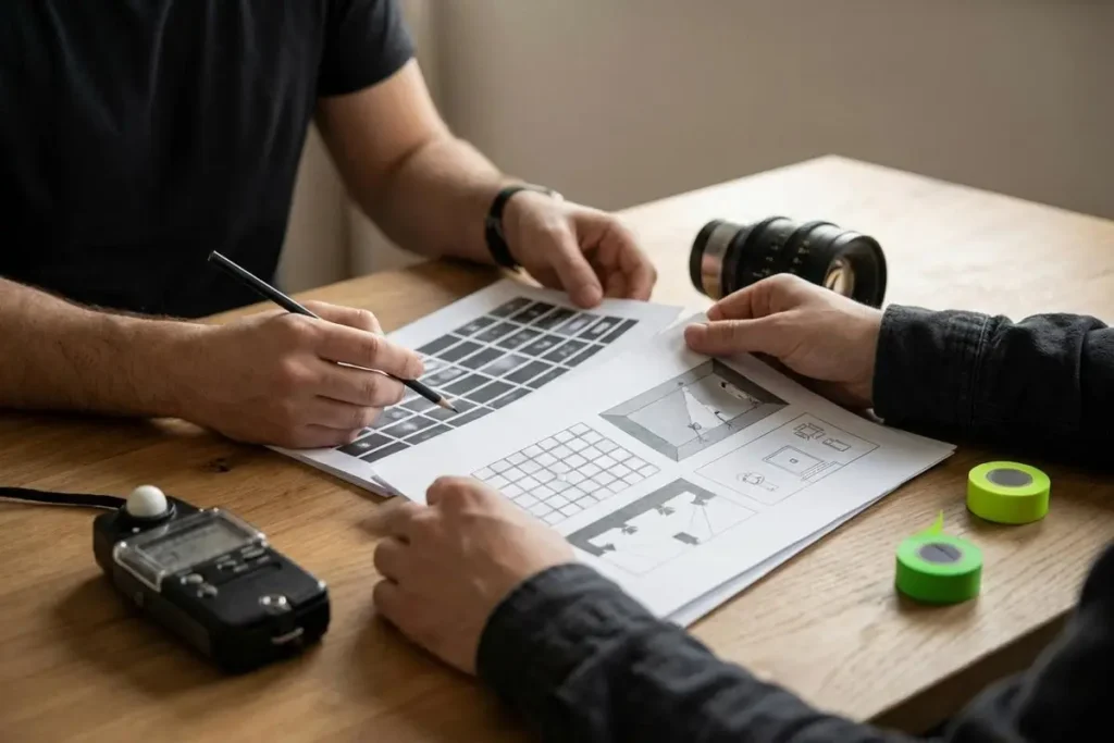 Manos revisando una checklist de preproducción junto a una claqueta y un guion