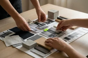 Tablero de referencias visuales con fotos, texturas y muestras de color