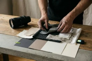 Muestras de color de marca junto a vestuario y atrezo en un set