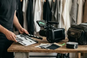 Cámara en trípode y smartphone grabando varias piezas de contenido de marca para redes