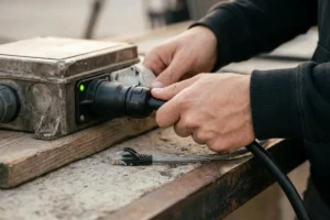 Técnico conectando cableado y regleta de alimentación para un set de rodaje