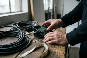 Fotógrafo revisando la pantalla de su cámara antes de una sesión fotográfica