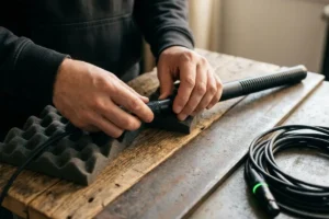 Técnico de sonido con auriculares ajustando un micrófono de pértiga