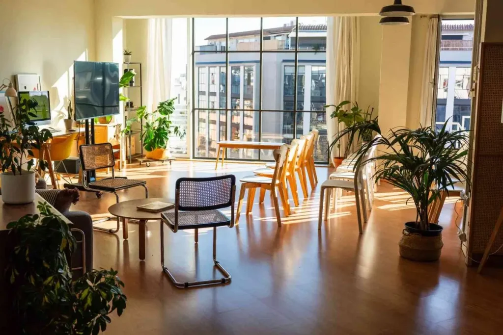 Espacio de eventos con plantas, sillas y ventanales preparado para un networking creativo