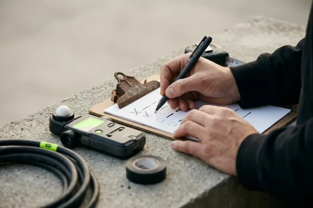Productor revisando una checklist y un plano antes de contratar un espacio para rodar