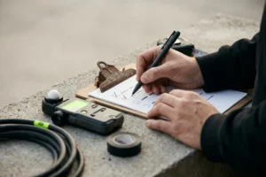 Productor revisando una checklist y un plano antes de contratar un espacio para rodar
