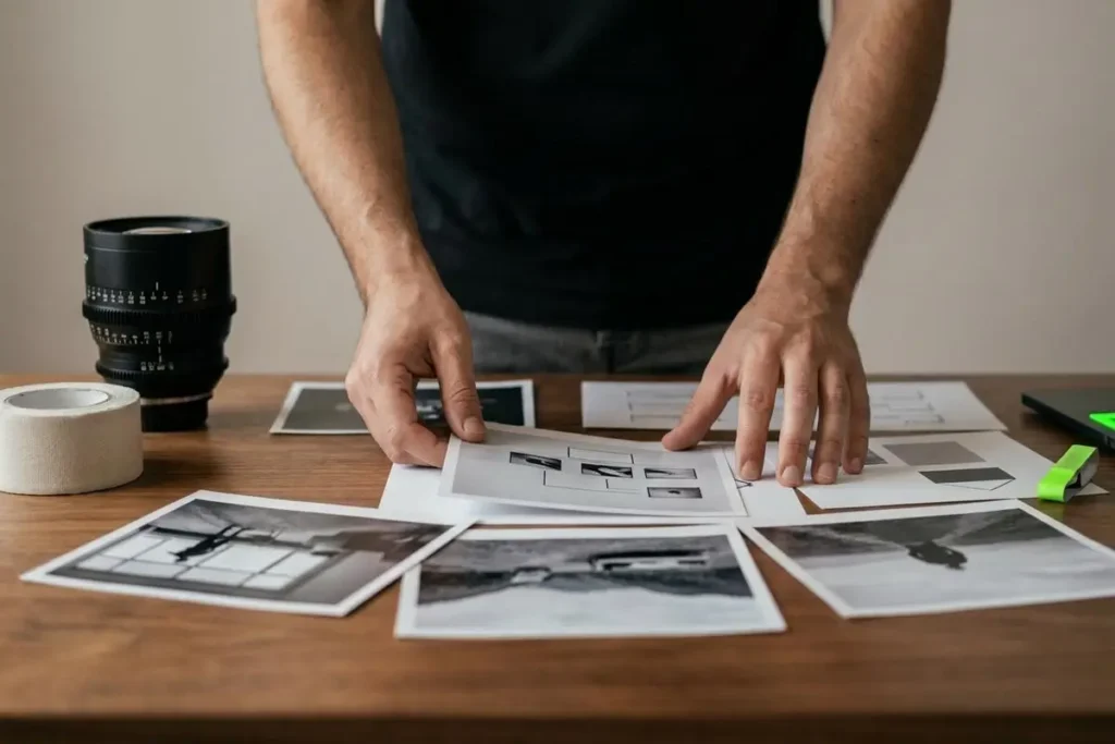Equipo creativo desarrollando un guion de marca con notas y storyboard sobre la mesa