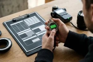 Cronograma de rodaje con reloj y guion sobre una mesa de producción