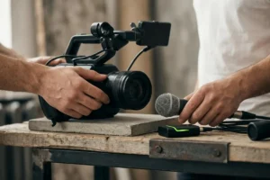 Micrófonos, auriculares y cámara preparados para la grabación de un videopodcast